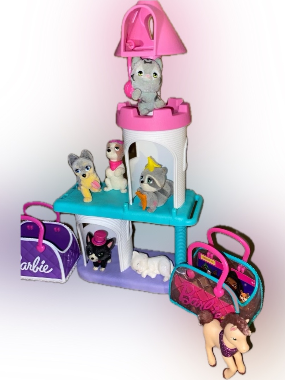Barbie Pets Set, comes with play tower, 7 pets, and two carry totes